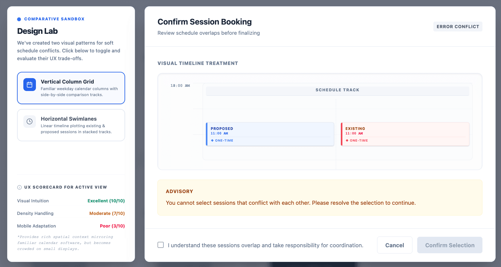 AI Studio exploration — conflict modal (vertical)